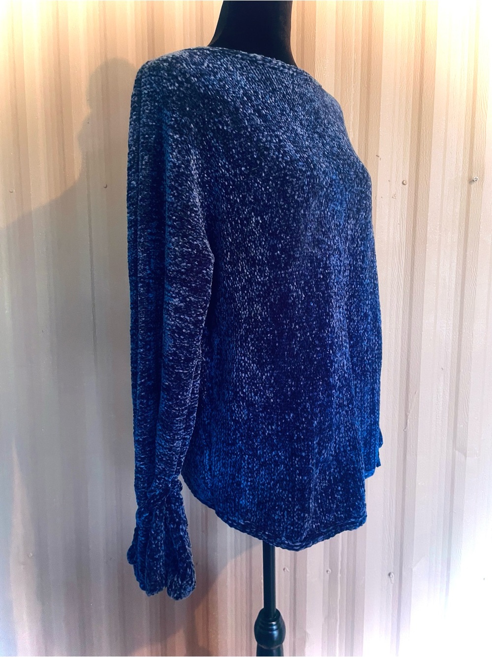 Sundance Sweater Blue Chenille Dolman Bell Tie Slv Boat Neck Boxy Top M SOFT!